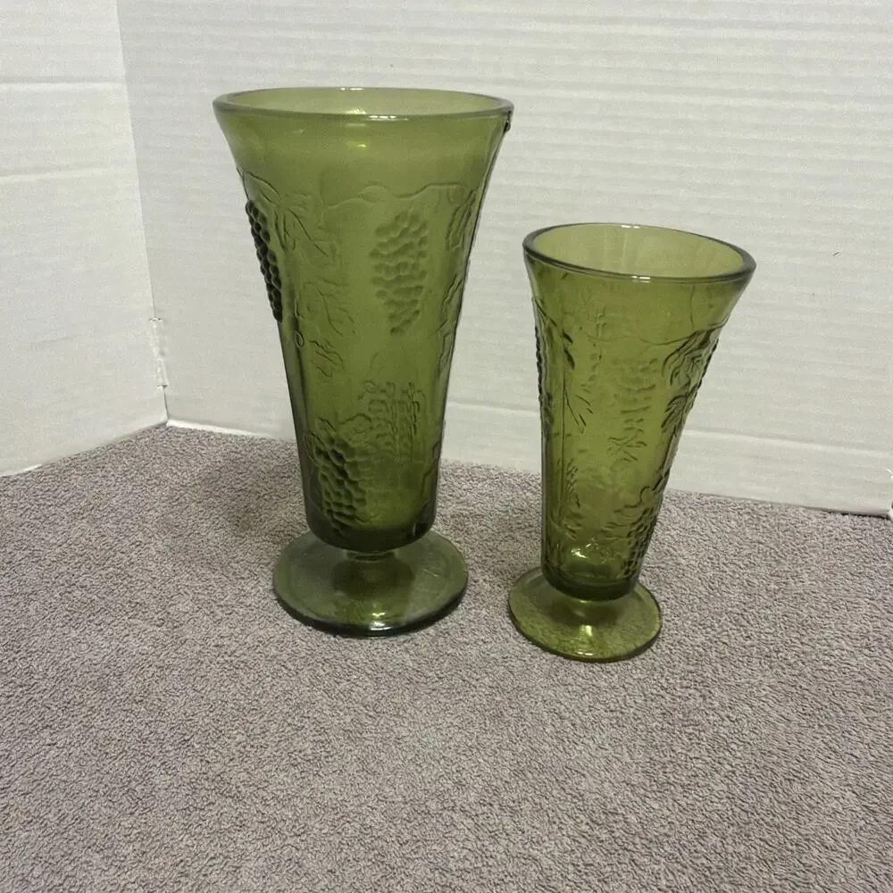 2 Vintage Green Glass Grape Pattern Vases Textured Decorative, Footed Flared top